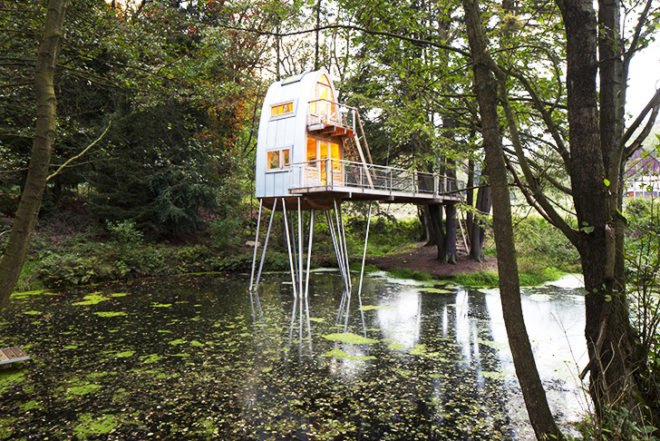 Baumraum, Long-Legged shelter, Solling Treehouse, on stilts, stands on a lake, wooden treehouse, germany