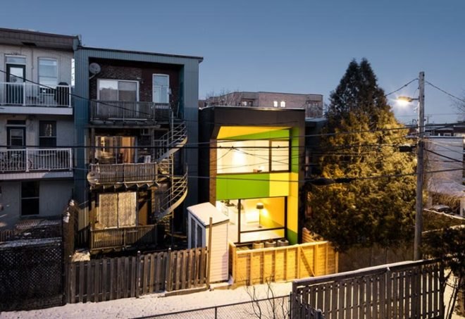 interior renovation, duplex to single-family, montreal, naturehumaine, skylight, daylighting, reclaimed wood, glass floor, historic wooden structure, 8th avenue house, rosemount, colored panels, canada