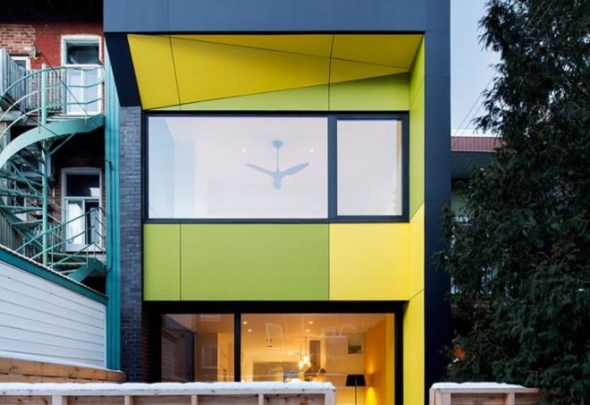 interior renovation, duplex to single-family, montreal, naturehumaine, skylight, daylighting, reclaimed wood, glass floor, historic wooden structure, 8th avenue house, rosemount, colored panels, canada