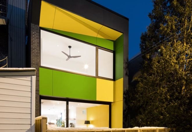 interior renovation, duplex to single-family, montreal, naturehumaine, skylight, daylighting, reclaimed wood, glass floor, historic wooden structure, 8th avenue house, rosemount, colored panels, canada