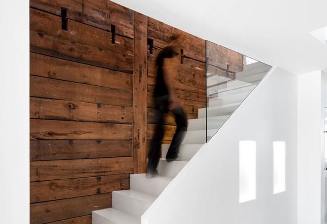 interior renovation, duplex to single-family, montreal, naturehumaine, skylight, daylighting, reclaimed wood, glass floor, historic wooden structure, 8th avenue house, rosemount, colored panels, canada