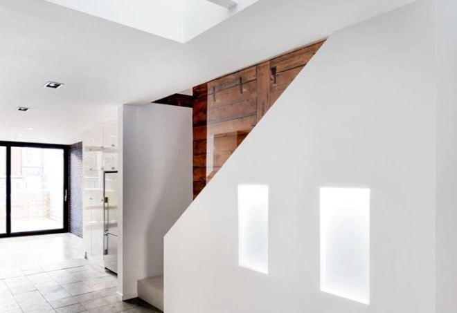 interior renovation, duplex to single-family, montreal, naturehumaine, skylight, daylighting, reclaimed wood, glass floor, historic wooden structure, 8th avenue house, rosemount, colored panels, canada