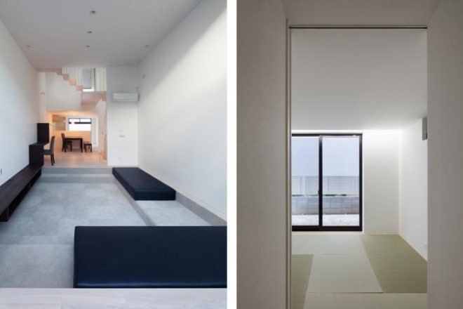 tokyo residents privacy, privacy, narrow house, urban house, level architects, fukasawa, 4-story urban house, tokyo, privacy walls, central skylight, open ballustrade, tatami mats, loft space, built-in bench seating, built-in furniture