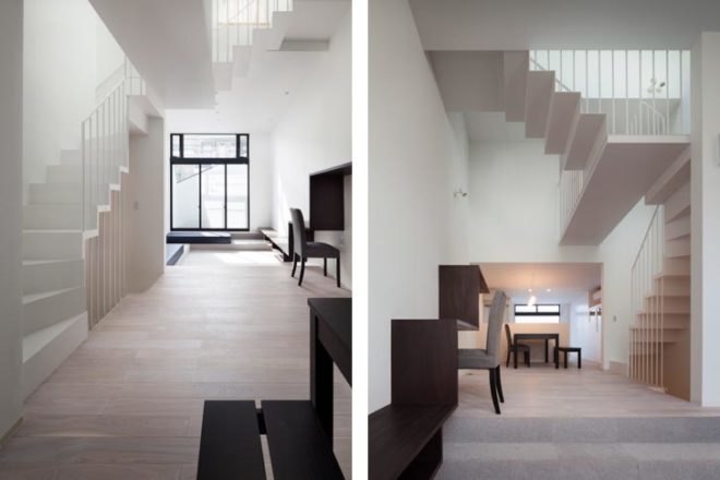 tokyo residents privacy, privacy, narrow house, urban house, level architects, fukasawa, 4-story urban house, tokyo, privacy walls, central skylight, open ballustrade, tatami mats, loft space, built-in bench seating, built-in furniture