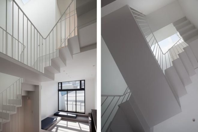 tokyo residents privacy, privacy, narrow house, urban house, level architects, fukasawa, 4-story urban house, tokyo, privacy walls, central skylight, open ballustrade, tatami mats, loft space, built-in bench seating, built-in furniture