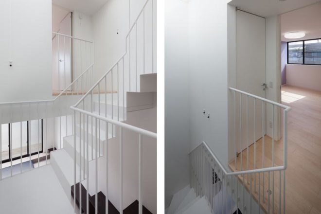 tokyo residents privacy, privacy, narrow house, urban house, level architects, fukasawa, 4-story urban house, tokyo, privacy walls, central skylight, open ballustrade, tatami mats, loft space, built-in bench seating, built-in furniture