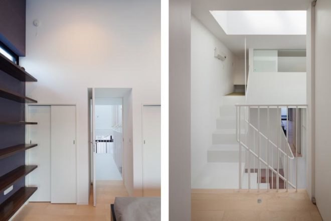 tokyo residents privacy, privacy, narrow house, urban house, level architects, fukasawa, 4-story urban house, tokyo, privacy walls, central skylight, open ballustrade, tatami mats, loft space, built-in bench seating, built-in furniture