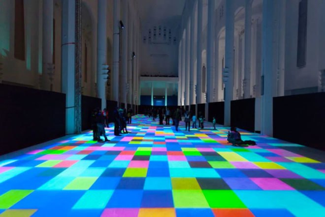 Miguel Chevalier art, magic carpet installation, magic carpet church, church art installation, Sacred Heart of Casablanca Church, interactive art, interactive installation, light installation, light and sound art, pixelated art, cellular art, responsive installation, sensors art