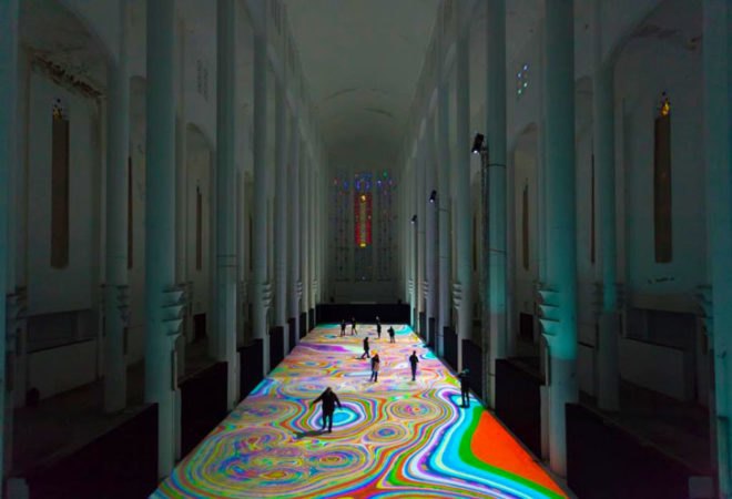 Miguel Chevalier art, magic carpet installation, magic carpet church, church art installation, Sacred Heart of Casablanca Church, interactive art, interactive installation, light installation, light and sound art, pixelated art, cellular art, responsive installation, sensors art