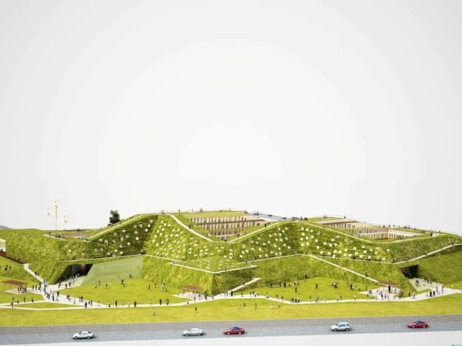 NL Architects, xiamen, china, mixed use center, green roofs, vanke, vankely, vanke alley, xiamen north station complex, xiamen railway, shopping center, SOHO, residential towers, high rises, NL Architects green roofs,