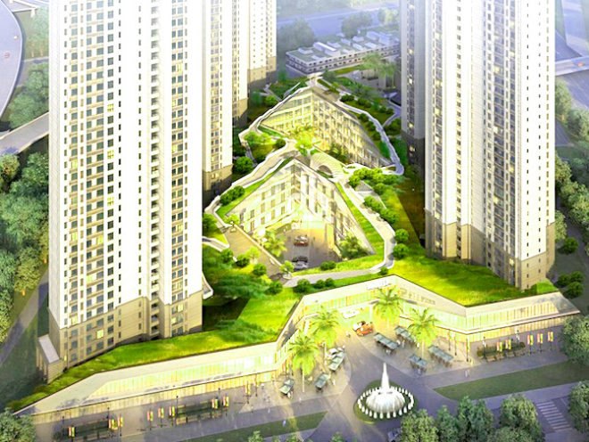 NL Architects, xiamen, china, mixed use center, green roofs, vanke, vankely, vanke alley, xiamen north station complex, xiamen railway, shopping center, SOHO, residential towers, high rises, NL Architects green roofs,