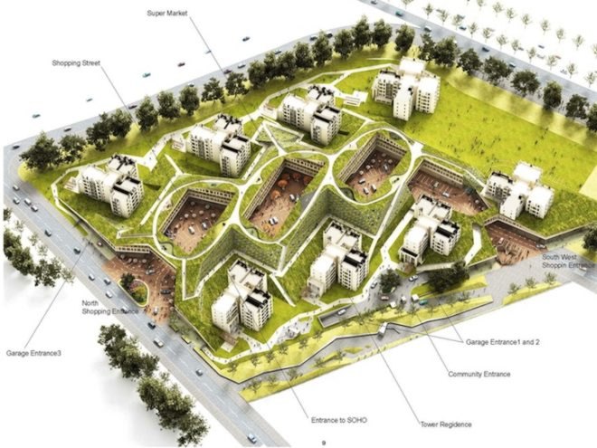 NL Architects, xiamen, china, mixed use center, green roofs, vanke, vankely, vanke alley, xiamen north station complex, xiamen railway, shopping center, SOHO, residential towers, high rises, NL Architects green roofs,