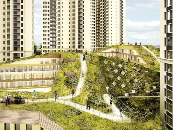 NL Architects, xiamen, china, mixed use center, green roofs, vanke, vankely, vanke alley, xiamen north station complex, xiamen railway, shopping center, SOHO, residential towers, high rises, NL Architects green roofs,