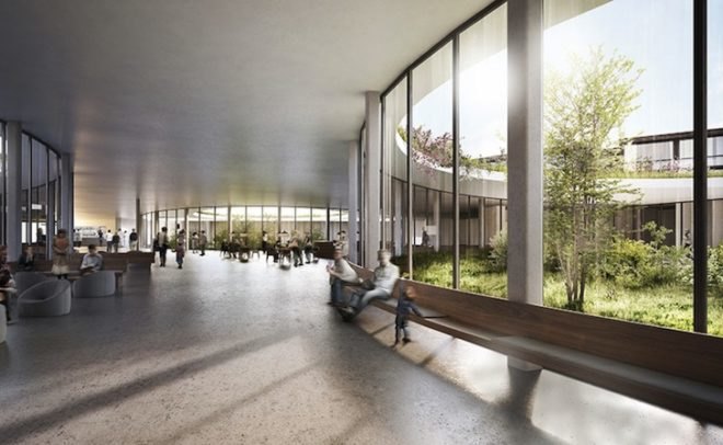 Nyt Hospital Nordsjælland, Herzog & de Meuron, Danish hospital, hospital design, low rise hospital, cross shape plan, x shaped plan, rooftop garden, interio courtyard, vilhelm lauritzen architects, copenhagen, denmark, new north zealand hospital, Hillerød