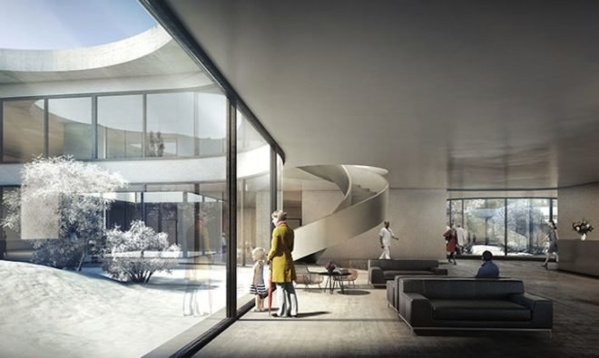 Nyt Hospital Nordsjælland, Herzog & de Meuron, Danish hospital, hospital design, low rise hospital, cross shape plan, x shaped plan, rooftop garden, interio courtyard, vilhelm lauritzen architects, copenhagen, denmark, new north zealand hospital, Hillerød