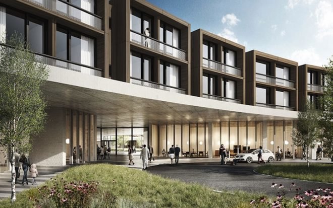 Nyt Hospital Nordsjælland, Herzog & de Meuron, Danish hospital, hospital design, low rise hospital, cross shape plan, x shaped plan, rooftop garden, interio courtyard, vilhelm lauritzen architects, copenhagen, denmark, new north zealand hospital, Hillerød