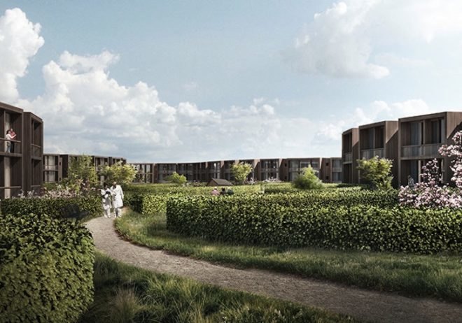 Nyt Hospital Nordsjælland, Herzog & de Meuron, Danish hospital, hospital design, low rise hospital, cross shape plan, x shaped plan, rooftop garden, interio courtyard, vilhelm lauritzen architects, copenhagen, denmark, new north zealand hospital, Hillerød