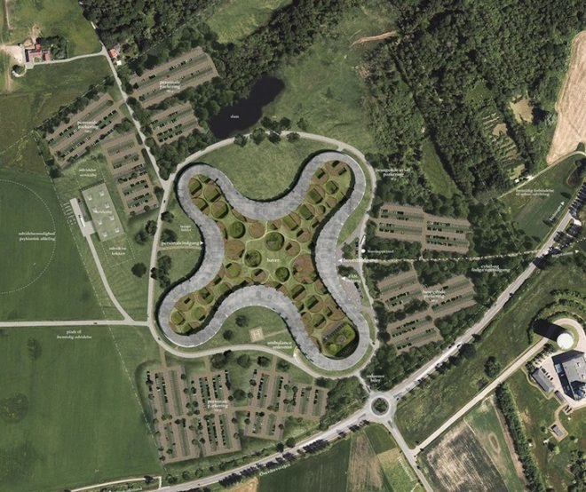 Nyt Hospital Nordsjælland, Herzog & de Meuron, Danish hospital, hospital design, low rise hospital, cross shape plan, x shaped plan, rooftop garden, interio courtyard, vilhelm lauritzen architects, copenhagen, denmark, new north zealand hospital, Hillerød