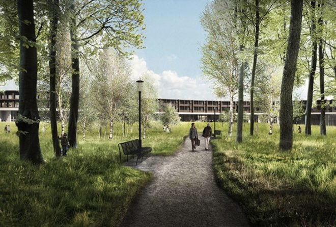 Nyt Hospital Nordsjælland, Herzog & de Meuron, Danish hospital, hospital design, low rise hospital, cross shape plan, x shaped plan, rooftop garden, interio courtyard, vilhelm lauritzen architects, copenhagen, denmark, new north zealand hospital, Hillerød
