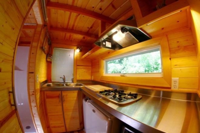 Orange Tiny Home, Vagavond, Vagavond Dwellings, yakisugi exterior, off-grid cabins, energy efficient, solar hot water heater, Oregon Shepherd brand natural wool insulation, architecture, tiny homes, micro homes,