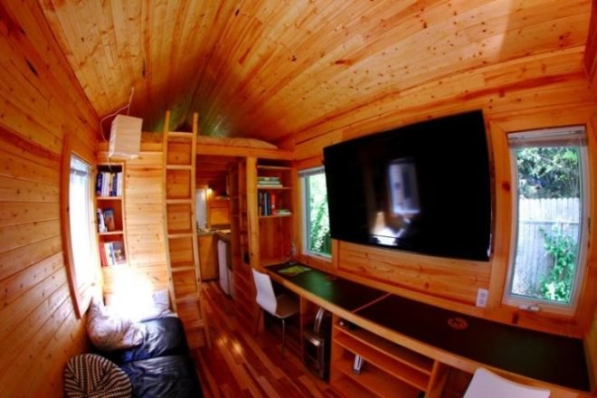 Orange Tiny Home, Vagavond, Vagavond Dwellings, yakisugi exterior, off-grid cabins, energy efficient, solar hot water heater, Oregon Shepherd brand natural wool insulation, architecture, tiny homes, micro homes,