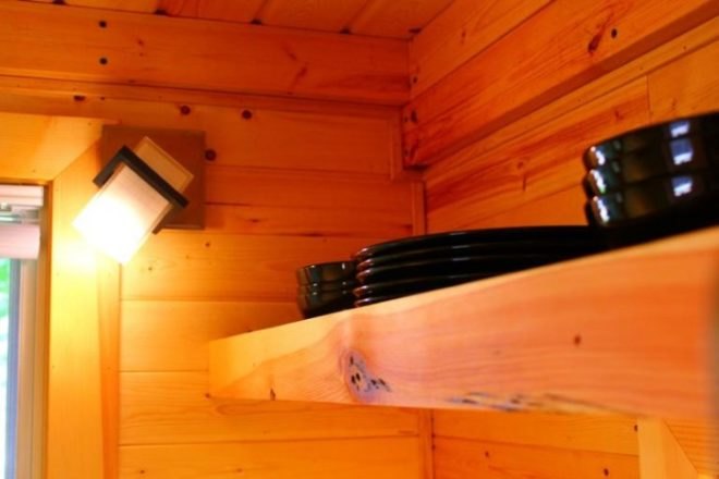 Orange Tiny Home, Vagavond, Vagavond Dwellings, yakisugi exterior, off-grid cabins, energy efficient, solar hot water heater, Oregon Shepherd brand natural wool insulation, architecture, tiny homes, micro homes,