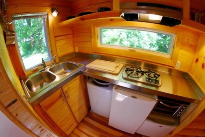 Orange Tiny Home, Vagavond, Vagavond Dwellings, yakisugi exterior, off-grid cabins, energy efficient, solar hot water heater, Oregon Shepherd brand natural wool insulation, architecture, tiny homes, micro homes,