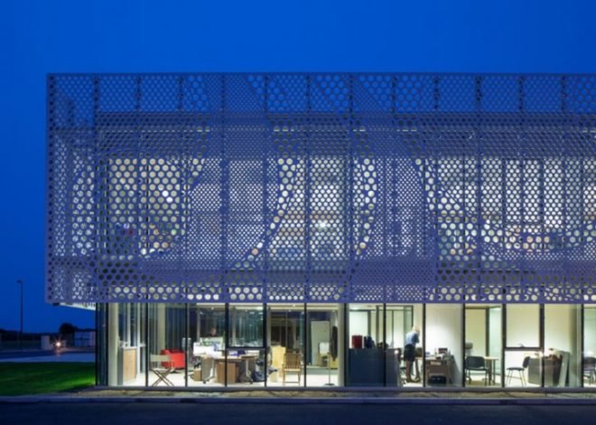 PAD Architects, Beneteau Headquarters, Givrand, France, architecture, HI-MACS, energy efficient design, french architecture, mesh screen, passive design, energy efficiency, solar gain, commercial design, commercial architecture