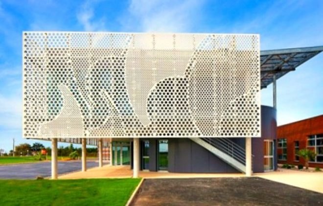 PAD Architects, Beneteau Headquarters, Givrand, France, architecture, HI-MACS, energy efficient design, french architecture, mesh screen, passive design, energy efficiency, solar gain, commercial design, commercial architecture
