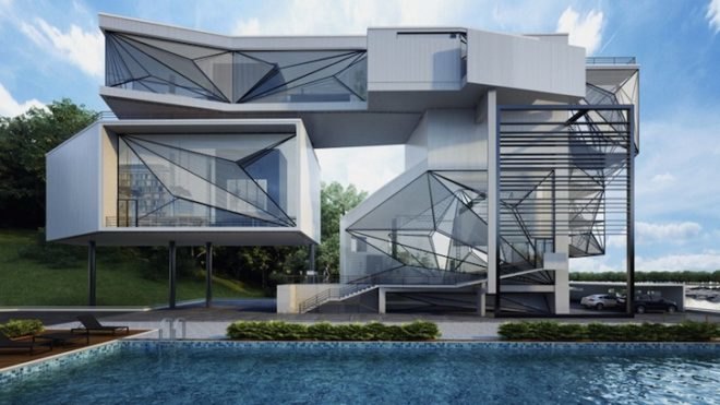 villa for an aviator, aviator, aviator architecture, aviator's villa, urban office architecture, airplane parts, salvaged airplane, airplane architecture, perforated screens, new york state, cantilevered bedroom, twisted geometry, simulate flight