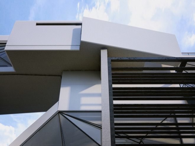 villa for an aviator, aviator, aviator architecture, aviator's villa, urban office architecture, airplane parts, salvaged airplane, airplane architecture, perforated screens, new york state, cantilevered bedroom, twisted geometry, simulate flight