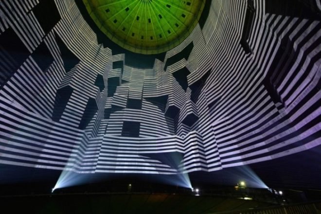Urbanscreen, 320 Licht, Gasometer Oberhausen, Rhine, Germany, light installations, former gas tank, art installations, light and music installation in Germany, light projection