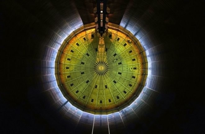 Urbanscreen, 320 Licht, Gasometer Oberhausen, Rhine, Germany, light installations, former gas tank, art installations, light and music installation in Germany, light projection