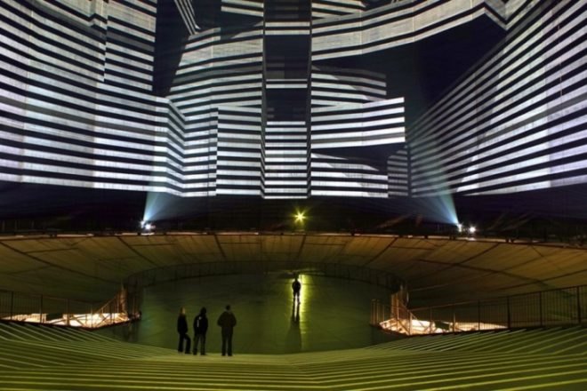 Urbanscreen, 320 Licht, Gasometer Oberhausen, Rhine, Germany, light installations, former gas tank, art installations, light and music installation in Germany, light projection