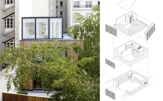 wooden house in paris, wooden house, timber clad, noel dominguez, parisian garden, paris, 3d program, ship in a bottle, bone white interior, parisian home, penthouse,