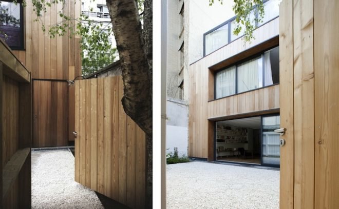 wooden house in paris, wooden house, timber clad, noel dominguez, parisian garden, paris, 3d program, ship in a bottle, bone white interior, parisian home, penthouse,
