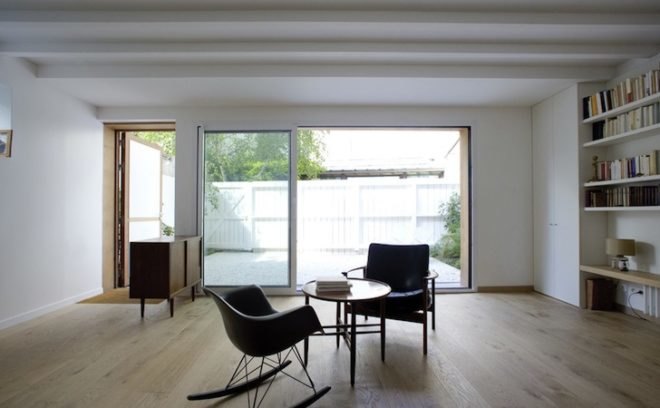wooden house in paris, wooden house, timber clad, noel dominguez, parisian garden, paris, 3d program, ship in a bottle, bone white interior, parisian home, penthouse,