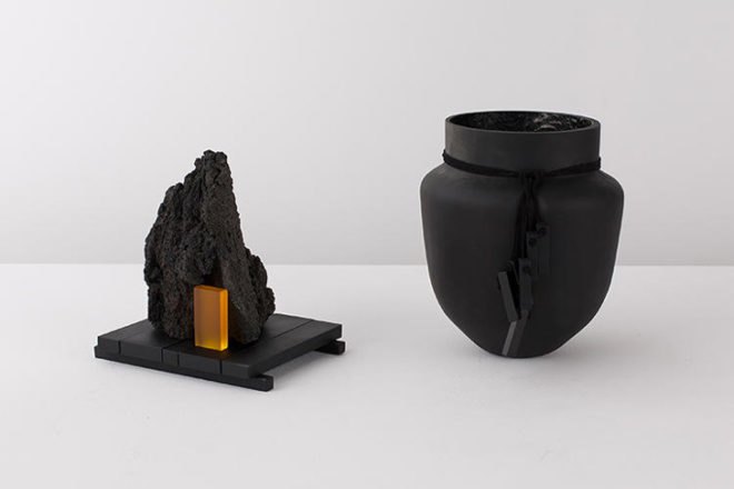 Studio Formafantasma create beautiful art from volcanic lava, De Natura Fossilium by De Natura Fossilium, De Natura Fossilium made from material collected at Europe's last two active volcanos. Studio Formafantasma use igneous rock to create unique pieces of art, obsidian mirror by Studio Formafantasma, Studio Formafantasma experiment with volcanic fiber to create hand-woven wall art, hand-blown glass artwork made from the volcanic rocks of Mt Etna