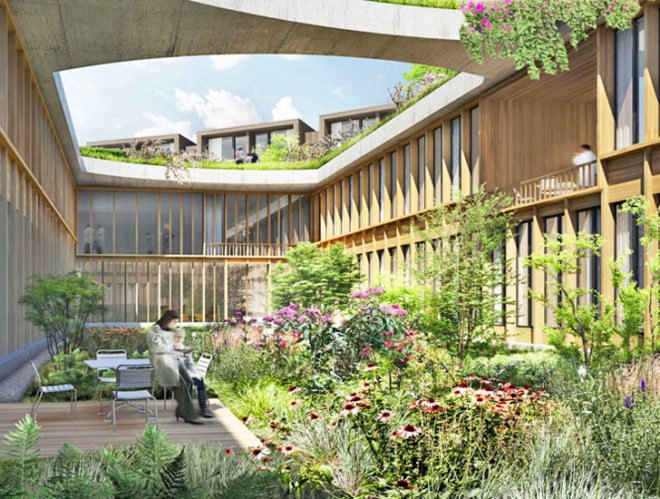Nyt Hospital Nordsjælland, Herzog & de Meuron, Danish hospital, hospital design, low rise hospital, cross shape plan, x shaped plan, rooftop garden, interio courtyard, vilhelm lauritzen architects, copenhagen, denmark, new north zealand hospital, Hillerød