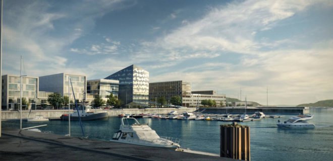 Powerhouse at Brattorkaia by Snøhetta, outstanding buildings by BREEAM NOR, solar cells, heat pumps, heat exchangers, powerhouse alliance builds Norway's first energy-positive office building, World's Northernmost energy-positive office building, energy-positive building in Trondheim, Norway's first energy-positive office building, sea water heating and cooling system