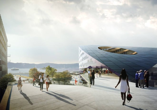 Powerhouse at Brattorkaia by Snøhetta, outstanding buildings by BREEAM NOR, solar cells, heat pumps, heat exchangers, powerhouse alliance builds Norway's first energy-positive office building, World's Northernmost energy-positive office building, energy-positive building in Trondheim, Norway's first energy-positive office building, sea water heating and cooling system