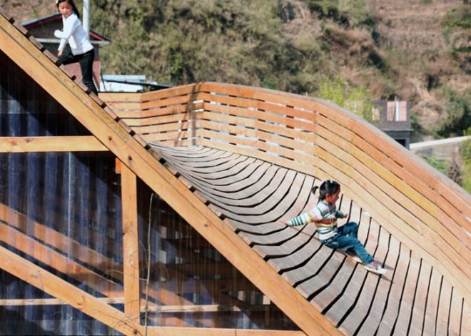 Shuanghe village community center, Yunnan earthquake reconstruction, polycarbonate doors, memorial plaza in China, Olivier Ottevaere, John Lin, University of Hong Kong, The Pinch community center, public library rooftop playground,