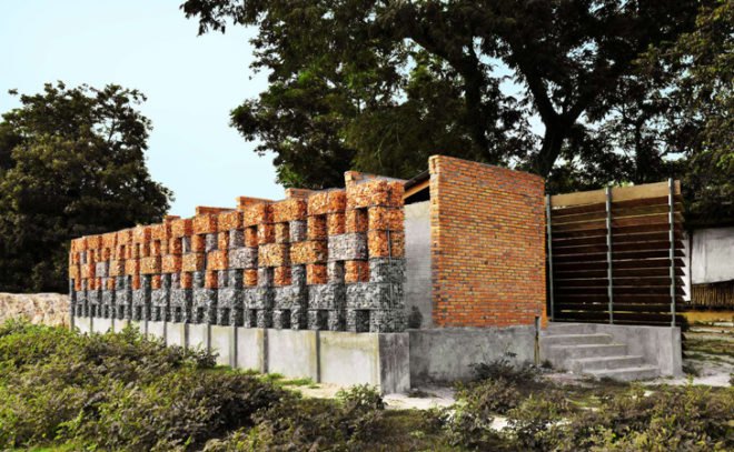 Thom Mun Community Center, Project Little Dream, Cambodia, Architizer A+ Popular Choice Award, New Futures Organisation, bamboo community center, volunteer construction in Cambodia, gabion wall filled with temple ruins, Cambodian community center