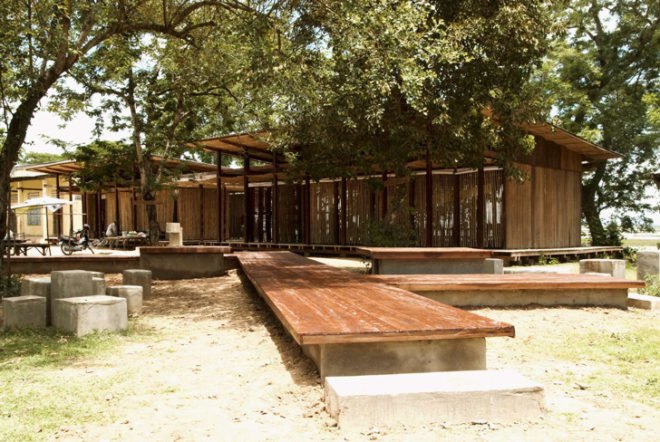 Thom Mun Community Center, Project Little Dream, Cambodia, Architizer A+ Popular Choice Award, New Futures Organisation, bamboo community center, volunteer construction in Cambodia, gabion wall filled with temple ruins, Cambodian community center
