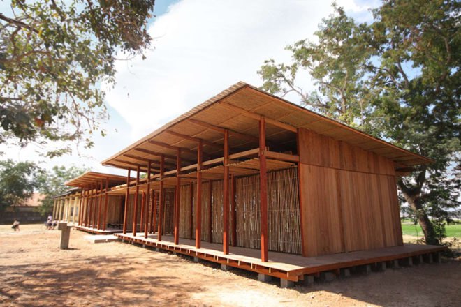 Thom Mun Community Center, Project Little Dream, Cambodia, Architizer A+ Popular Choice Award, New Futures Organisation, bamboo community center, volunteer construction in Cambodia, gabion wall filled with temple ruins, Cambodian community center