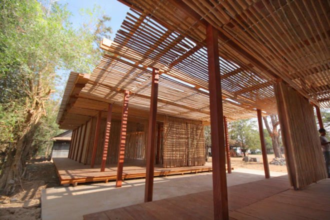 Thom Mun Community Center, Project Little Dream, Cambodia, Architizer A+ Popular Choice Award, New Futures Organisation, bamboo community center, volunteer construction in Cambodia, gabion wall filled with temple ruins, Cambodian community center