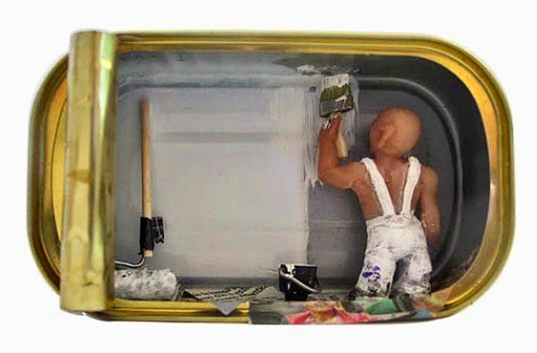 Home Sweet Home by Nathalie Alony, sardine can dioramas, miniature hand-crafted dioramas, repurposed sardine cans, Il Parlamento Infernale, the sardinas, dioramas of urban life