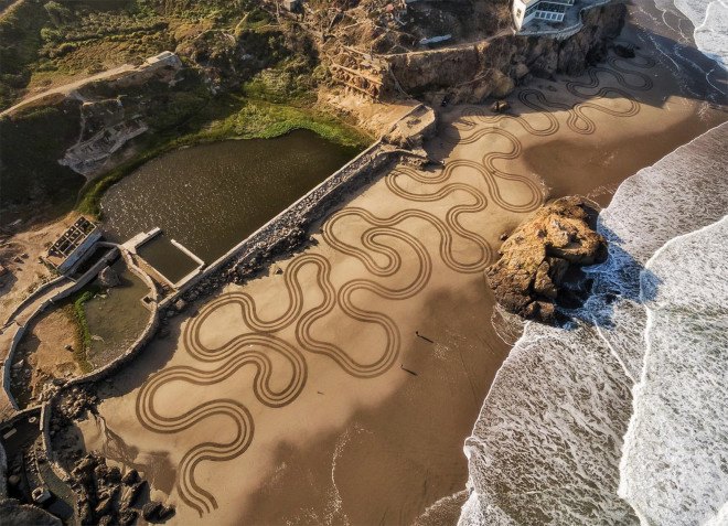 Andres Amador, Sand Painting, Sand Drawing, Sustainable Art, Eco Art, Ocean Inspired Art, San Francisco