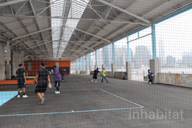 basketball courts, bocce ball, Brooklyn Bridge Park, child swings, fitness equipment, green space, in-line skating, open lawn, outdoor activities, parks department, picnics, Pier 2, public space, roller hockey, roller rink, roller skating, shuffleboard, waterfront destinations, workout area