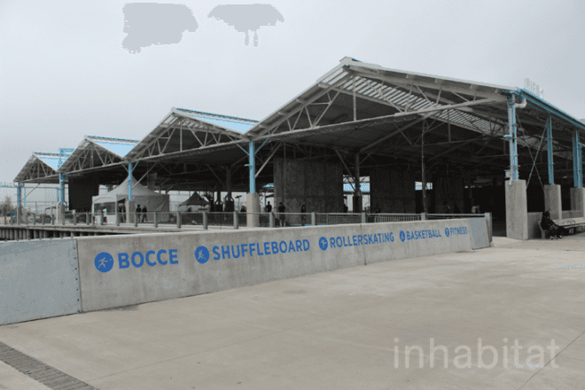 basketball courts, bocce ball, Brooklyn Bridge Park, child swings, fitness equipment, green space, in-line skating, open lawn, outdoor activities, parks department, picnics, Pier 2, public space, roller hockey, roller rink, roller skating, shuffleboard, waterfront destinations, workout area